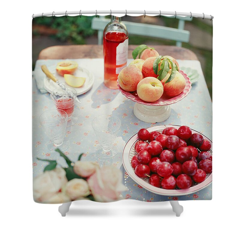 Plum Shower Curtain featuring the photograph Plums, Peaches, Wine And Flowers On A by Victoria Pearson