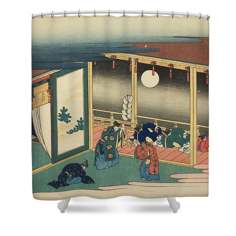 Katsushika Hokusai Shower Curtain featuring the drawing Poem by Sanjo-in, from the series 'One Hundred Poems Explained by the Nurse -Hyakunin isshu uba g... by Katsushika Hokusai -1760-1849-