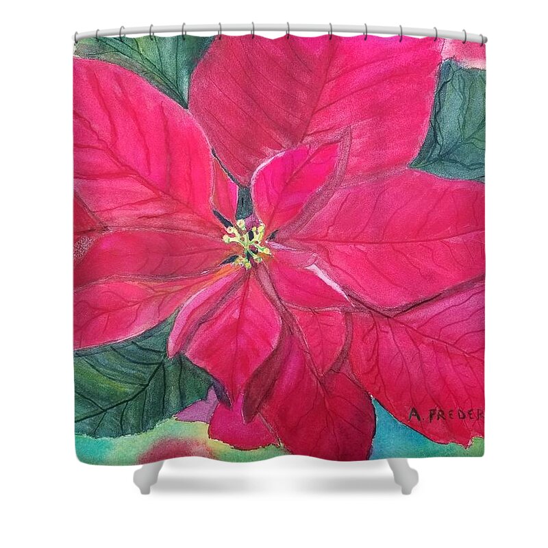 Cristmas Shower Curtain featuring the painting Poinsettia Glow by Ann Frederick