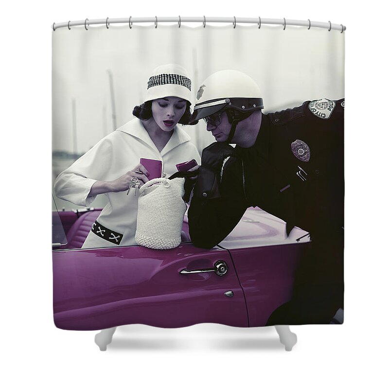 Headwear Shower Curtain featuring the photograph Police Officer Examining License Of by Tom Kelley Archive
