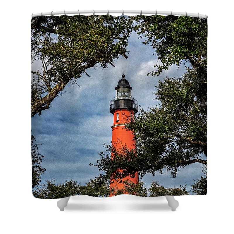 Barberville Roadside Yard Art And Produce Shower Curtain featuring the photograph Ponce Inlet Lighthouse by Tom Singleton
