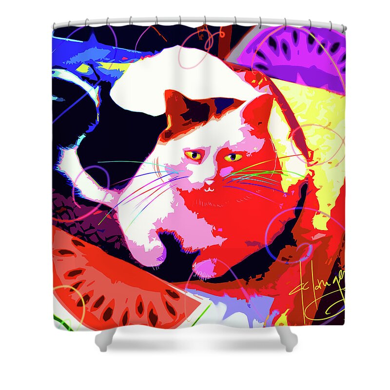 Toby Shower Curtain featuring the painting POP CAT Toby by DC Langer