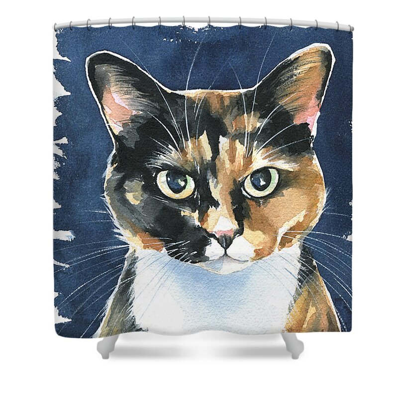 Poppy Calico Cat Painting Shower Curtain featuring the painting Poppy Calico Cat Painting by Dora Hathazi Mendes