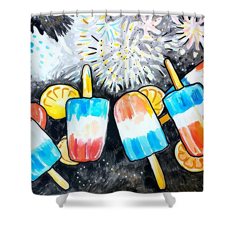 Ice Cream Shower Curtain featuring the painting Popsicles And Fireworks by Tilly Strauss