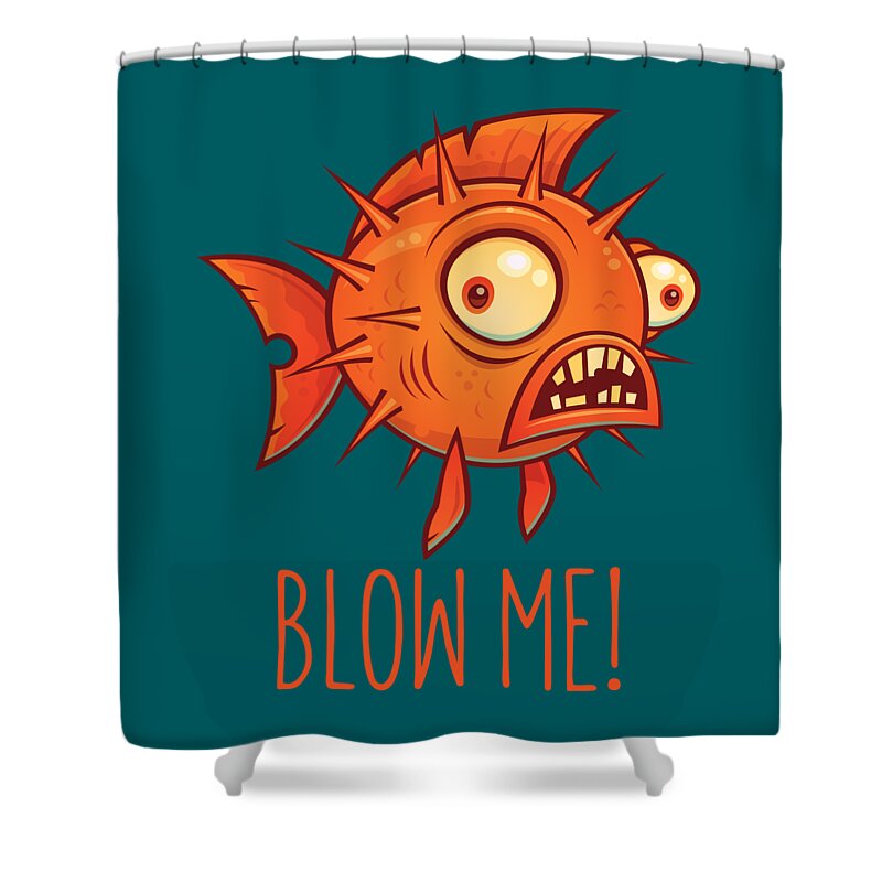 Pufferfish Shower Curtain featuring the digital art Porcupine Blowfish Cartoon - Blow Me by John Schwegel