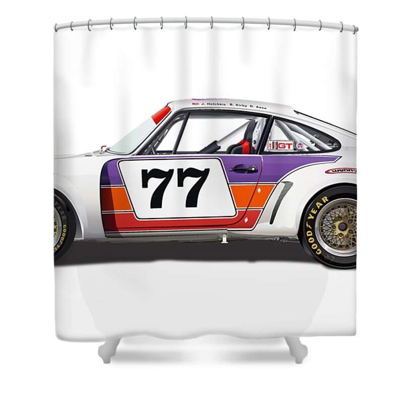 Hotchkis; Kirby; Aase Entry At The 1977 Le Mans 24 Hours Race Shower Curtain featuring the drawing PORSCHE 911 RSR No Background by Alain Jamar