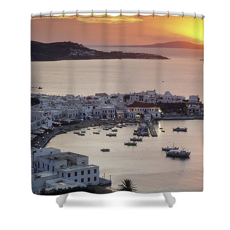 Greece Shower Curtain featuring the photograph Port Of The Island Of Mykonos In The by Guy Vanderelst