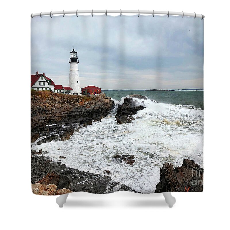Winter Shower Curtain featuring the photograph Portland Head Light Surf by Jeanette French