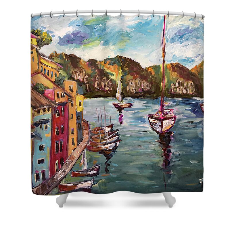 Portofino Shower Curtain featuring the painting Portofino Harbor by Roxy Rich