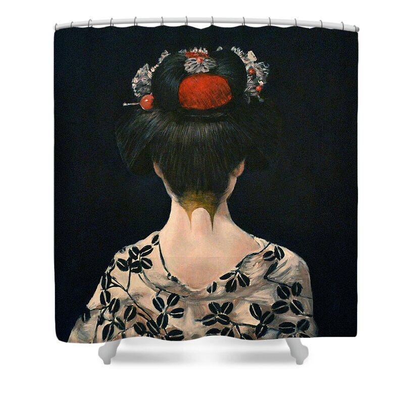 Portrait Of A Japanese Geisha Shower Curtain featuring the painting Portrait of a Japanese Geisha by Escha Van den bogerd