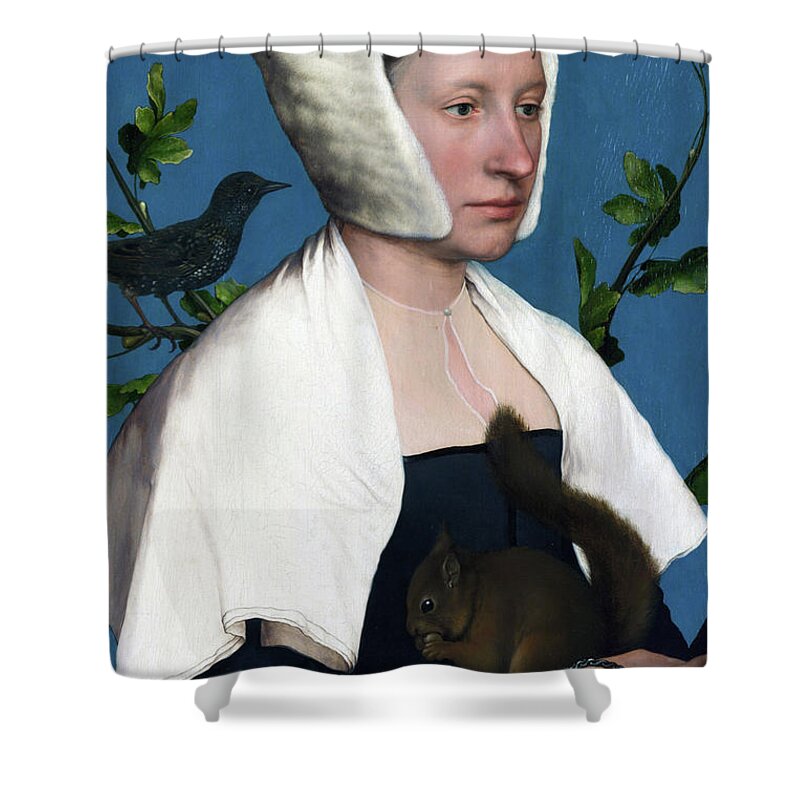 Squirrel Shower Curtain featuring the painting Portrait of a Lady with a Squirrel & a Starling by Hans Holbein the Younger