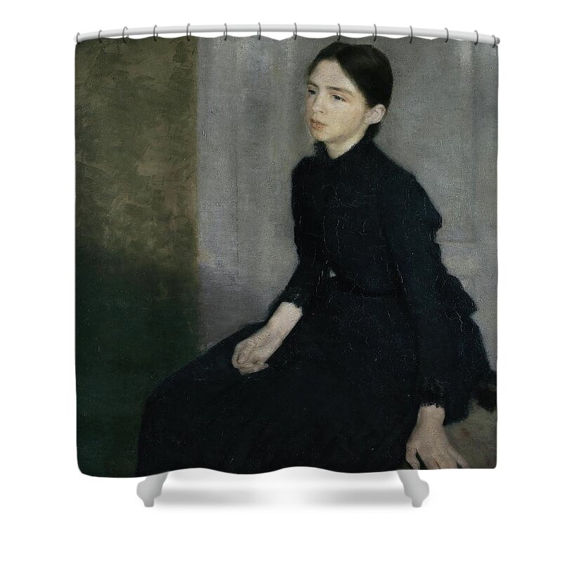 Vilhelm Hammershoi Shower Curtain featuring the painting Portrait of a young woman, 1885. The artist's sister Anna Hammershoi. Oil on Canvas. 112 x 91, 5 cm. by Vilhelm Hammershoi