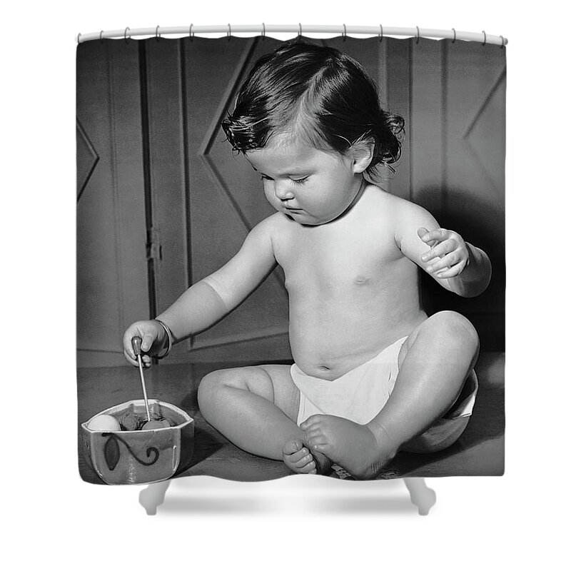 1950-1959 Shower Curtain featuring the photograph Portrait Of Baby Playing Wtoys by George Marks