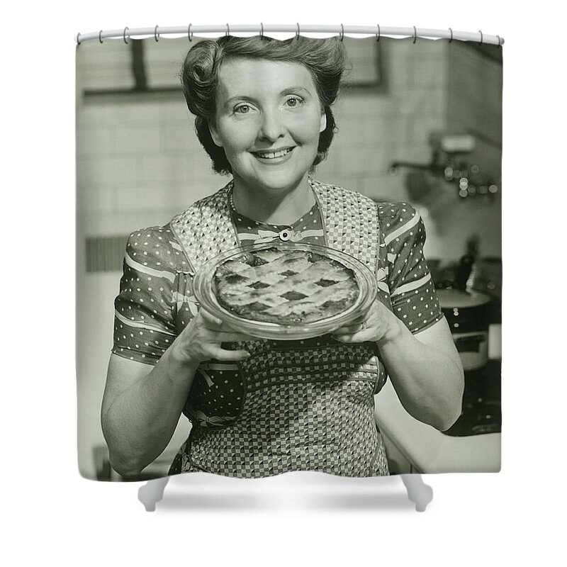Mature Adult Shower Curtain featuring the photograph Portrait Of Mature Woman Holding Pie by George Marks