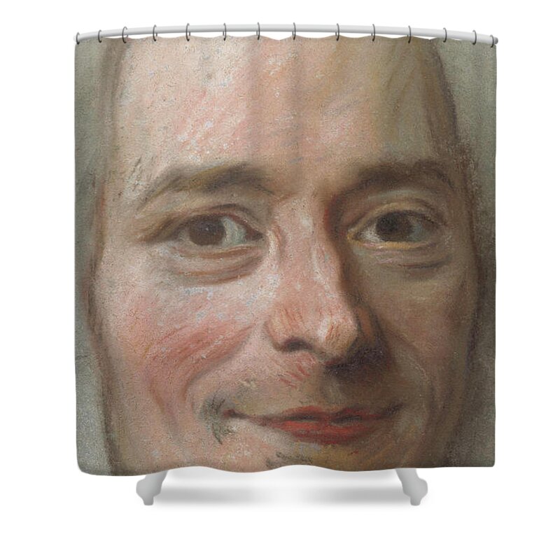 Voltaire Shower Curtain featuring the pastel Portrait of Voltaire, circa 1750 by Maurice Quentin de la Tour