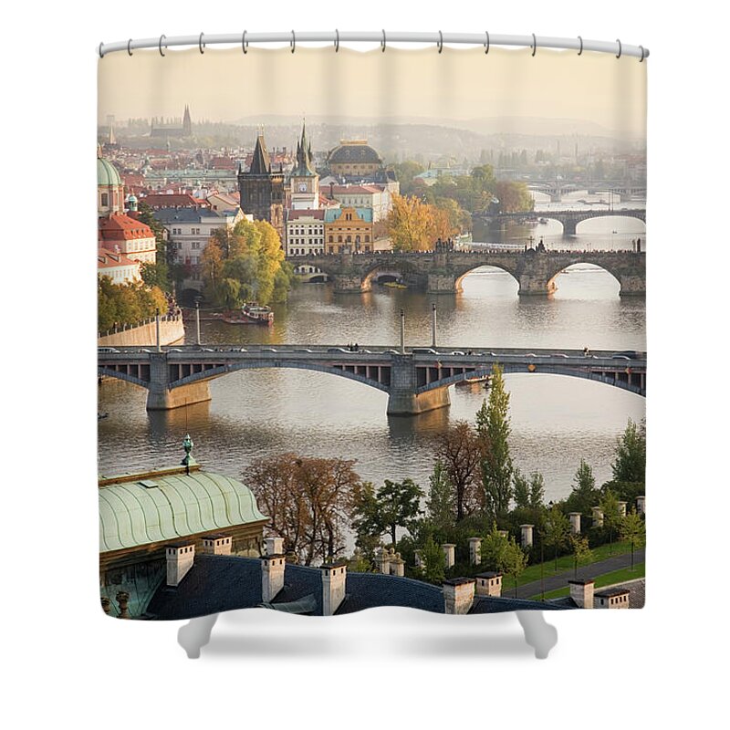 Scenics Shower Curtain featuring the photograph Prague Cityscape With The Vltava River by Uyen Le