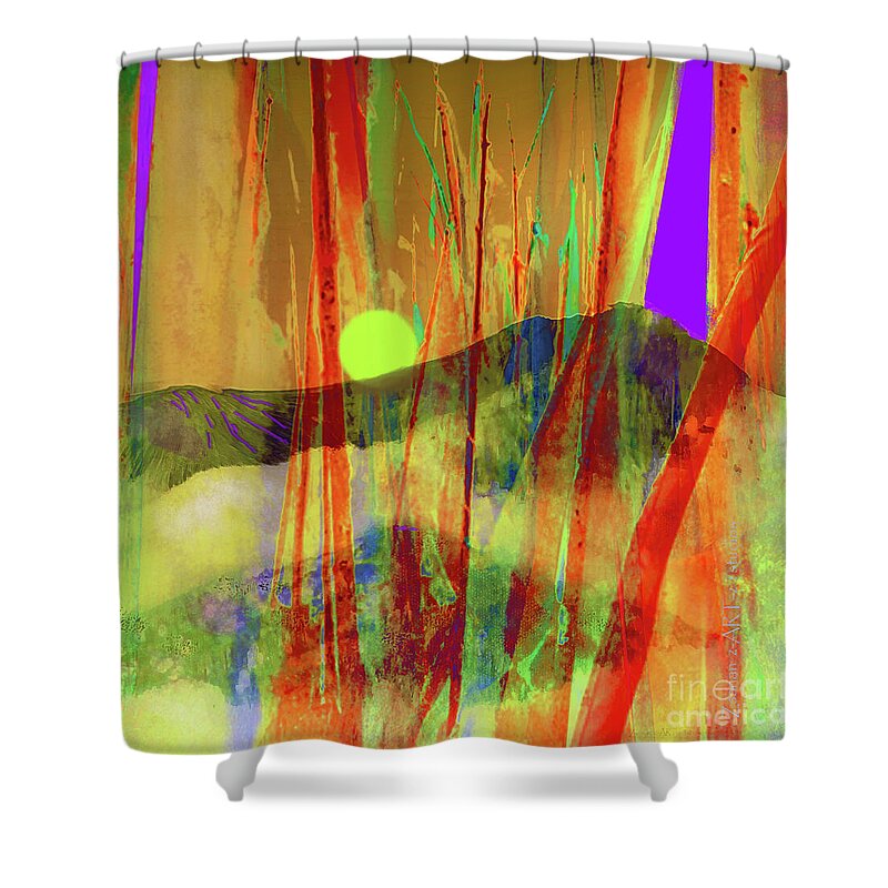 Square Shower Curtain featuring the mixed media Many Blessings Prayer Flags and Green Mountains by Zsanan Studio