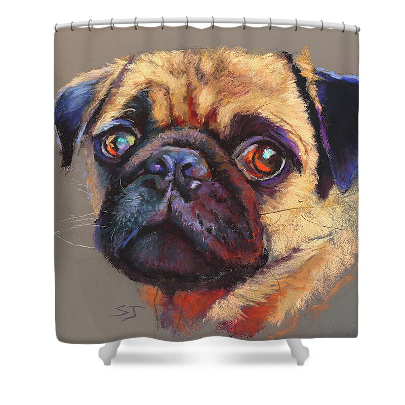 Pug Shower Curtain featuring the painting Precious Pug by Susan Jenkins