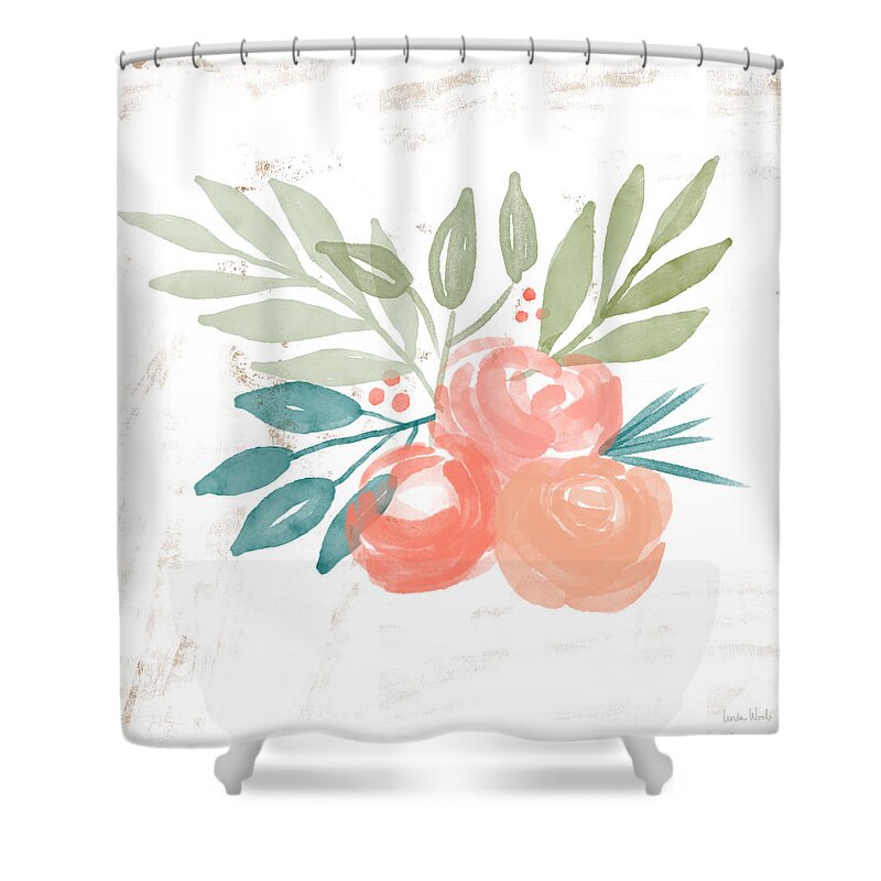 Roses Shower Curtain featuring the mixed media Pretty Coral Roses 2- Art by Linda Woods by Linda Woods