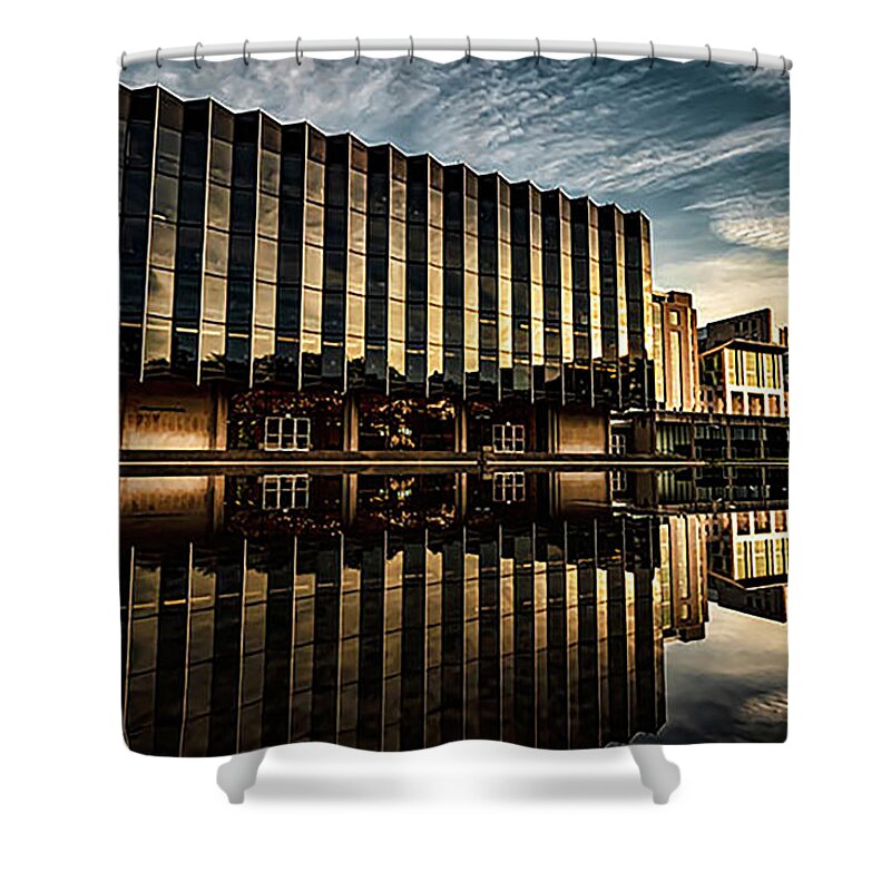 Building Shower Curtain featuring the photograph Pretty building with reflection pool near sunset by Sven Brogren