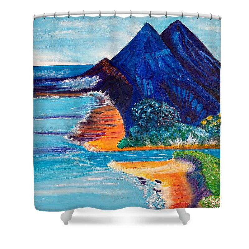 Mountains Shower Curtain featuring the painting Primitive Beach by Santana Star