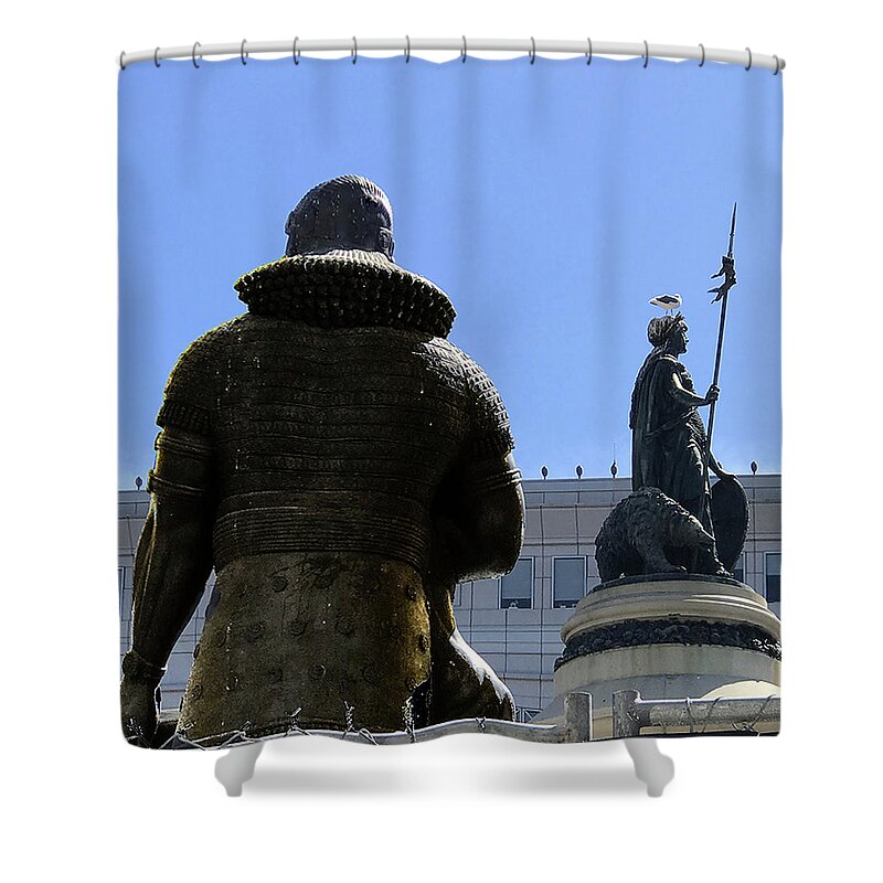 Statues Shower Curtain featuring the photograph Protecting Us from Evil and Pigeons by Jessica Levant