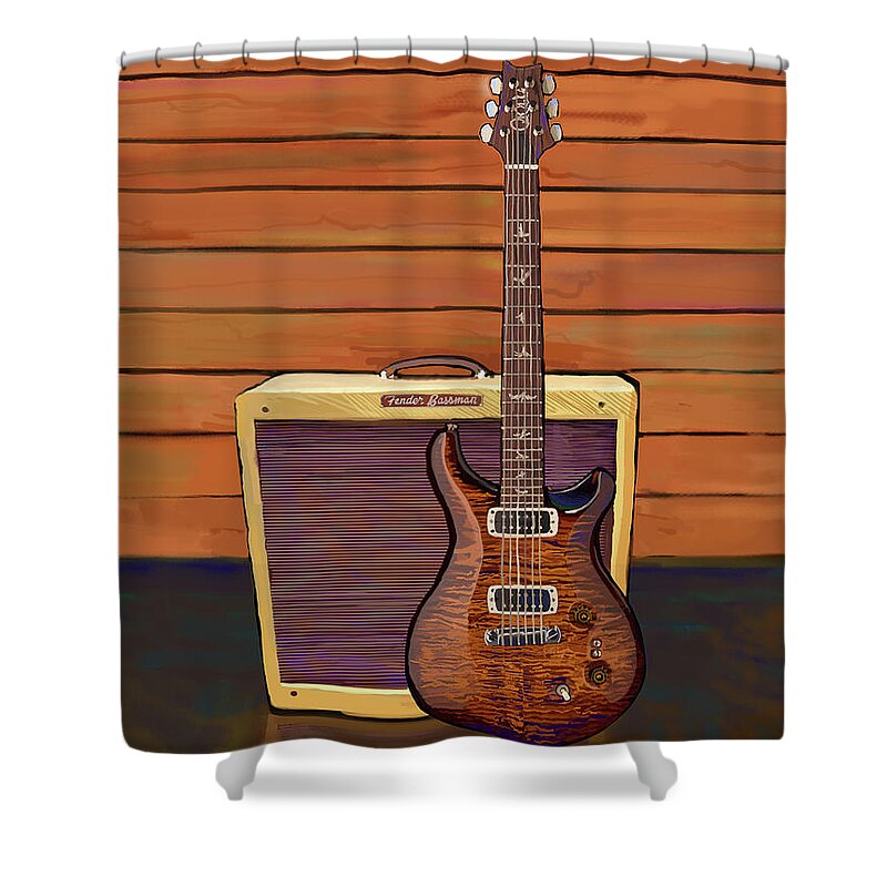Paul Reed Smith Shower Curtain featuring the painting Pauls Guitar/Fender Bassman by Brad Burns