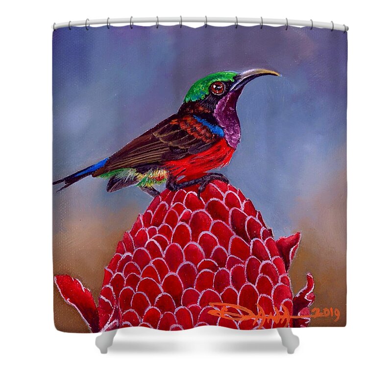 Birds Shower Curtain featuring the painting Purple Throated Sunbird on Red Torch Ginger by Dana Newman
