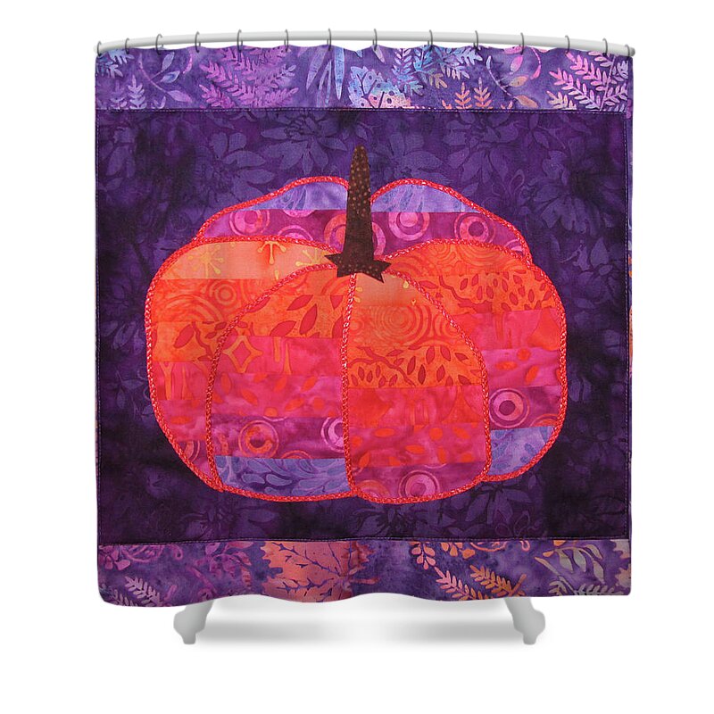 Art Quilt Shower Curtain featuring the tapestry - textile Psychedelic Pumpkin by Pam Geisel