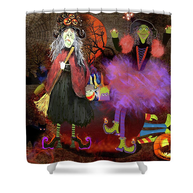 Halloween Shower Curtain featuring the mixed media Pumkinella and Flufnella by Colleen Taylor