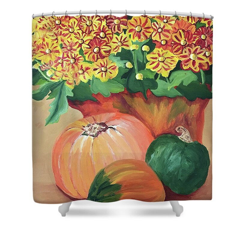 Pumpkin With Flowers By Annette M Stevenson;fall Season Collection By Annette M Stevenson Shower Curtain featuring the painting Pumpkin with Flowers by Annette M Stevenson