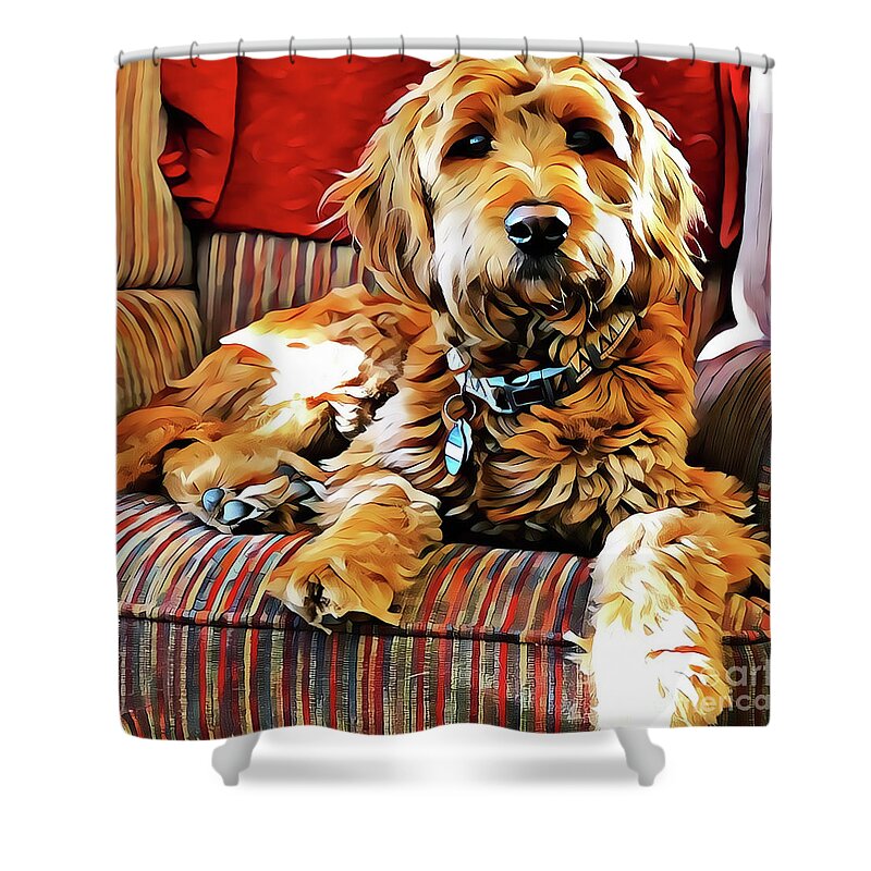 Goldendoodle Shower Curtain featuring the digital art Puppy Dog Chair Warmer by Xine Segalas