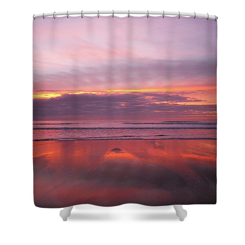Pink Shower Curtain featuring the photograph Purple And Rose Gold Sunset Sandymouth Cornwall by Richard Brookes