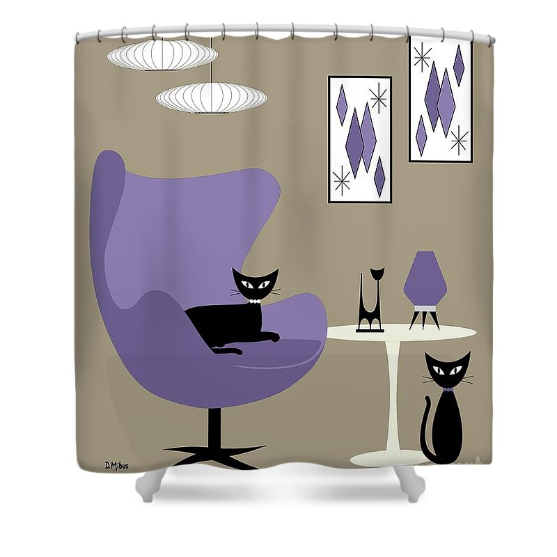 Mid Century Modern Shower Curtain featuring the digital art Purple Egg Chair with Cats by Donna Mibus