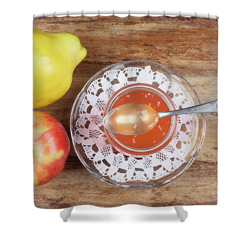 Spoon Shower Curtain featuring the photograph Quince And Apple Jam In Jar With Fruit by Westend61