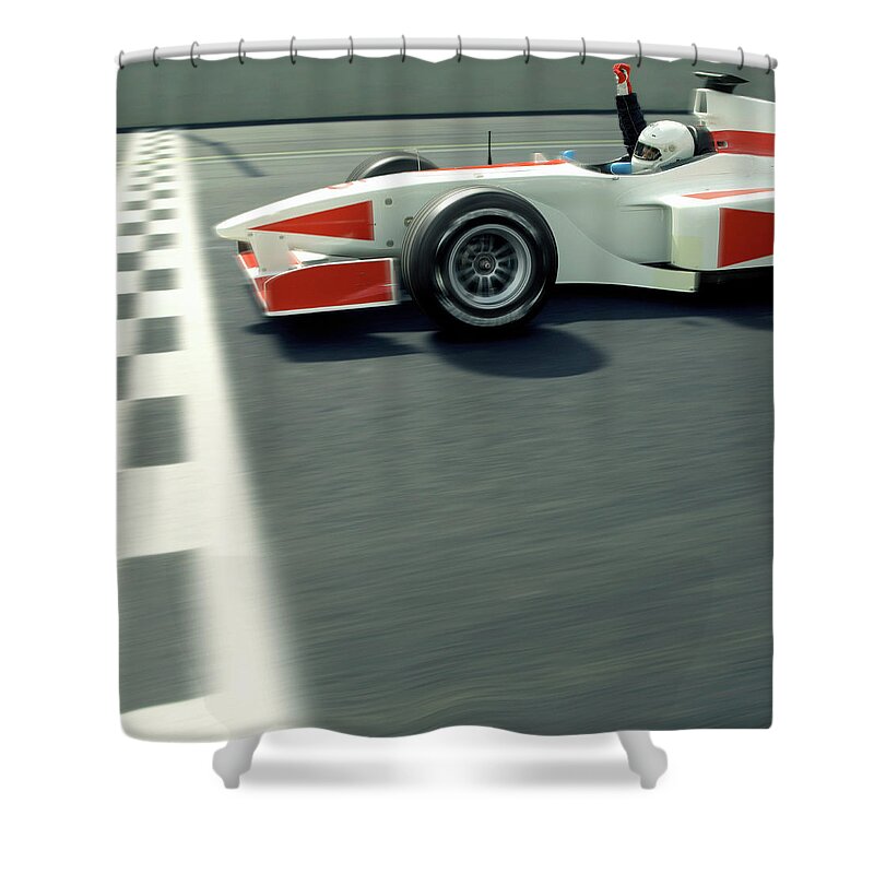 Aerodynamic Shower Curtain featuring the photograph Racing Driver Crossing Finishing Line by Alan Thornton