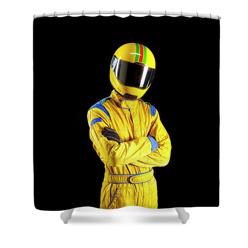 Sports Helmet Shower Curtain featuring the photograph Racing Driver Standing Proud On Black by Tom And Steve