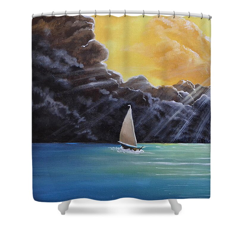 This Oil Painting Depicts A Sail Boat Racing To Get Home Before The Coming Storm. This Painting Is 11x14 Inches And Would Fit In Any Room. I Painted The Sky With Two Types Of Weather. First The Sunny Part With Bright Clouds And The Other Half With Dark Storm Clouds. The Ocean Is Still Calm Because The Storm Has Not Arrived Yet. I Put In The Sunbeams To Show The Coming Storm. I Put A Light Colored Ocean Near The Sailboat For A Reflection. I Feel The Sunbeams Draws Your Eye To The Boat. Shower Curtain featuring the painting Racing Home by Martin Schmidt