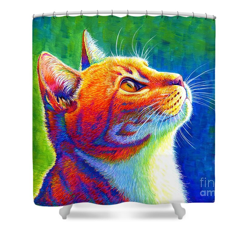 Cat Shower Curtain featuring the painting Anticipation - Psychedelic Rainbow Tabby Cat by Rebecca Wang