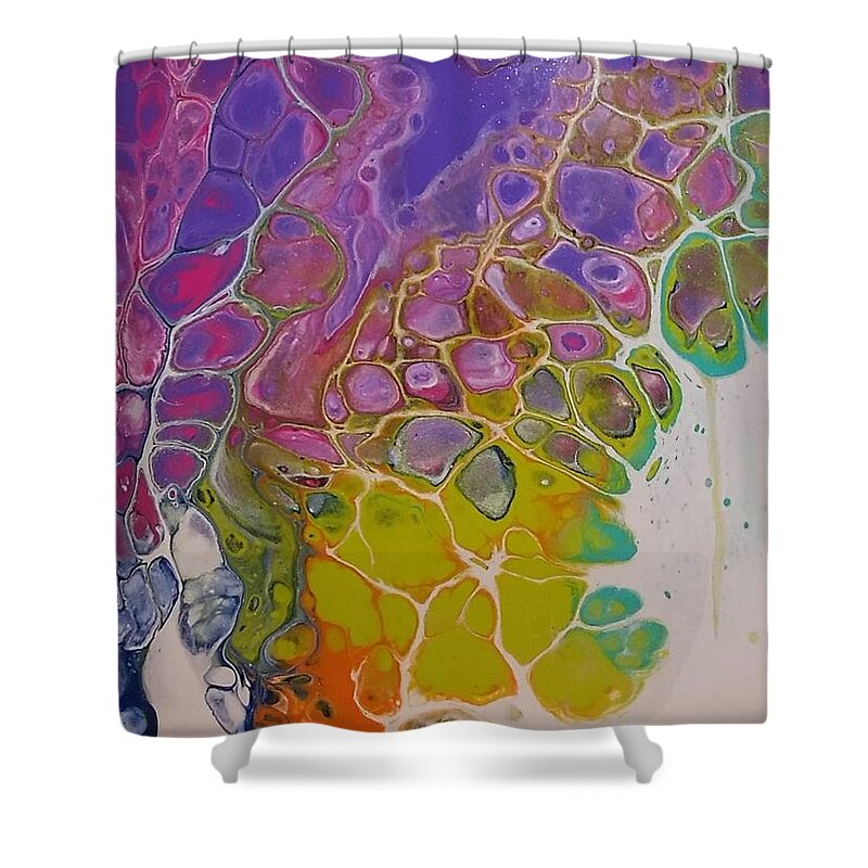 Rainbow Shower Curtain featuring the painting Rainbow Connection by Casey Rasmussen White
