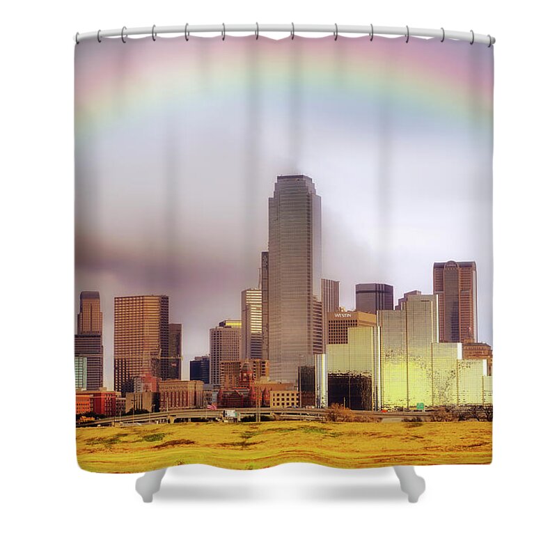 Dallas Skyline Shower Curtain featuring the photograph Rainbow over Downtown Dallas - Dallas Skyline - Texas by Jason Politte