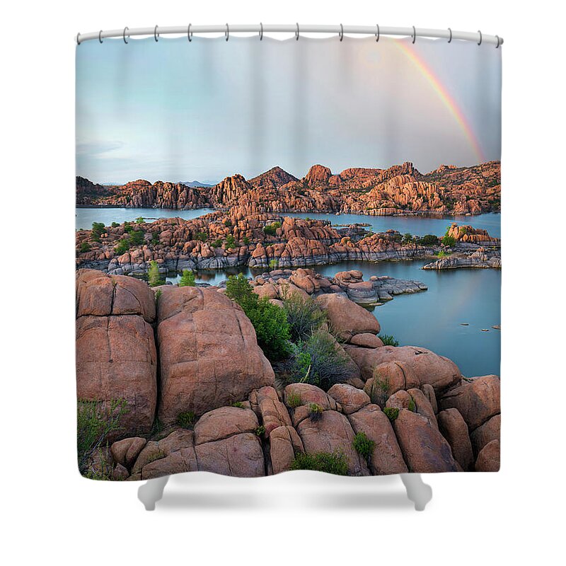 00563987 Shower Curtain featuring the photograph Rainbow Over Granite Dells At Watson Lake, Arizona by Tim Fitzharris