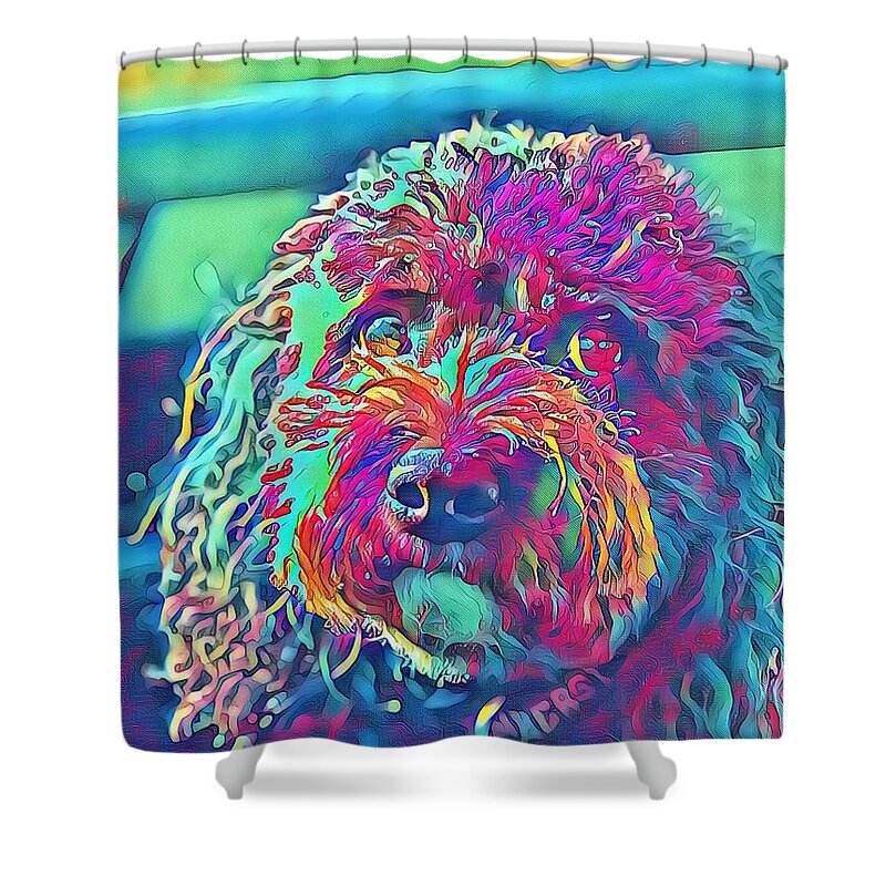  Shower Curtain featuring the digital art Rainbow Pup by Cindy Greenstein