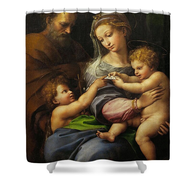 Child Jesus Shower Curtain featuring the painting Raphael / 'The Holy Family with little Saint John, or The Virgin with a Rose', c. 1516. JESUS. by Raphael -1483-1520-