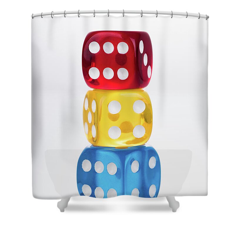 Recreational Pursuit Shower Curtain featuring the photograph Rby Colored Dices Stacking by Miragec