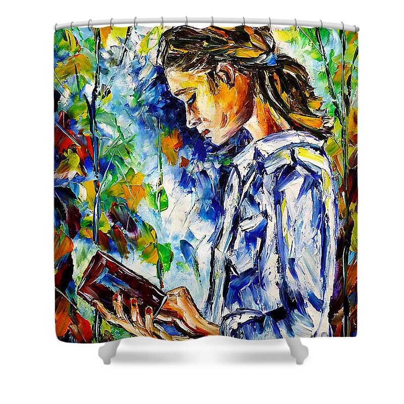 Girl With A Book Shower Curtain featuring the painting Reading Outdoors by Mirek Kuzniar