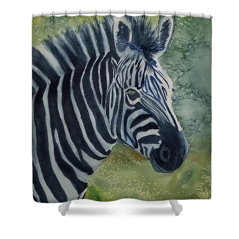 Zebra Shower Curtain featuring the painting Real Head Turner by Ann Frederick