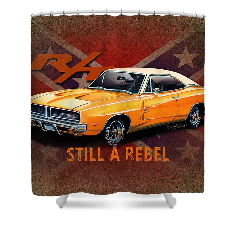 Art Shower Curtain featuring the mixed media Rebel Charger by Simon Read