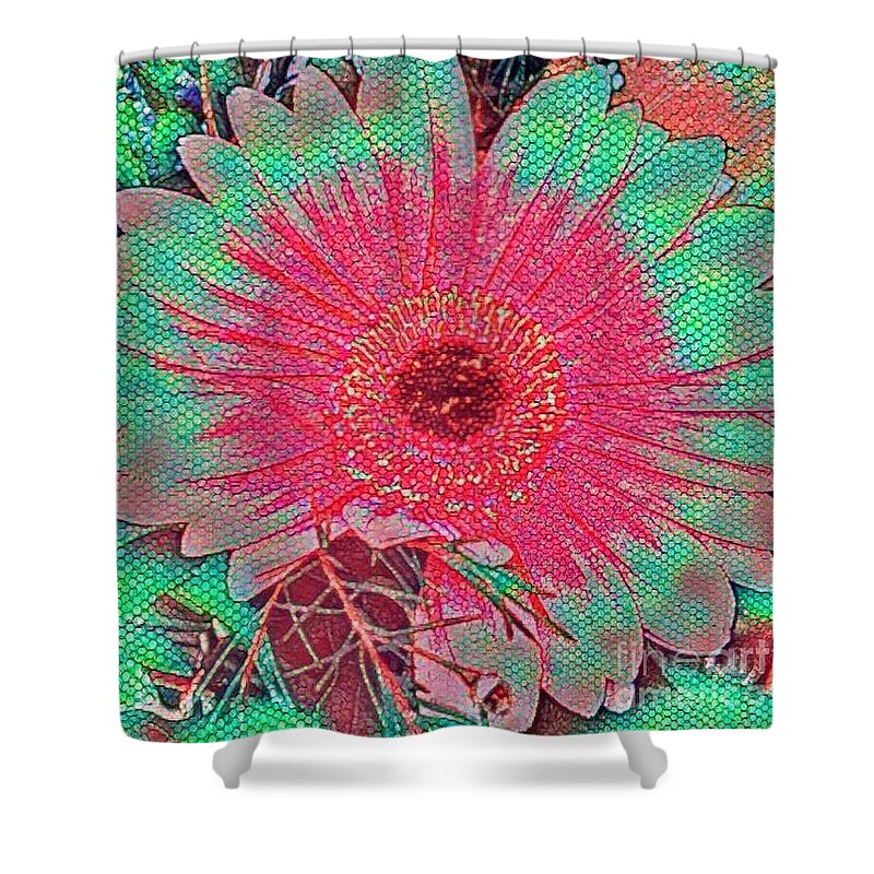 Digital Shower Curtain featuring the mixed media Red and green bloom by Steven Wills
