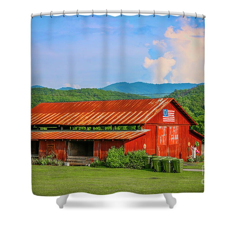 Barn Shower Curtain featuring the photograph Red Barn and Blue Sky by Tom Claud